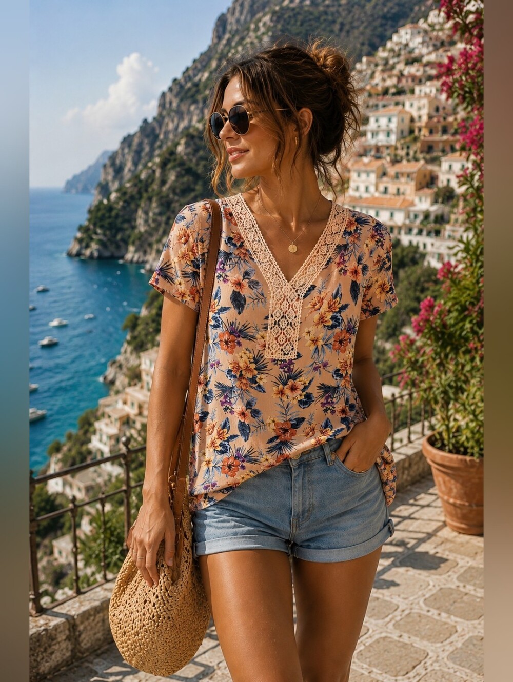 Floral Lace Trim Women's Top
